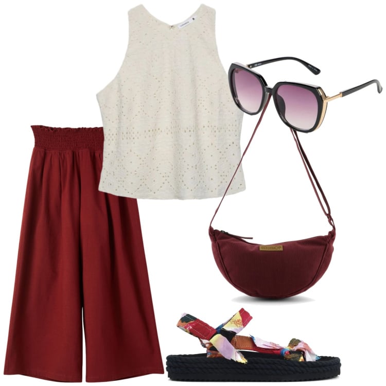Outfit donna - Total look #2417467. Stile Basic per Tutti i giorni. Abbinamento con occhiali da sole, pantaloni culotte, top, sandali, borse a tracolla.