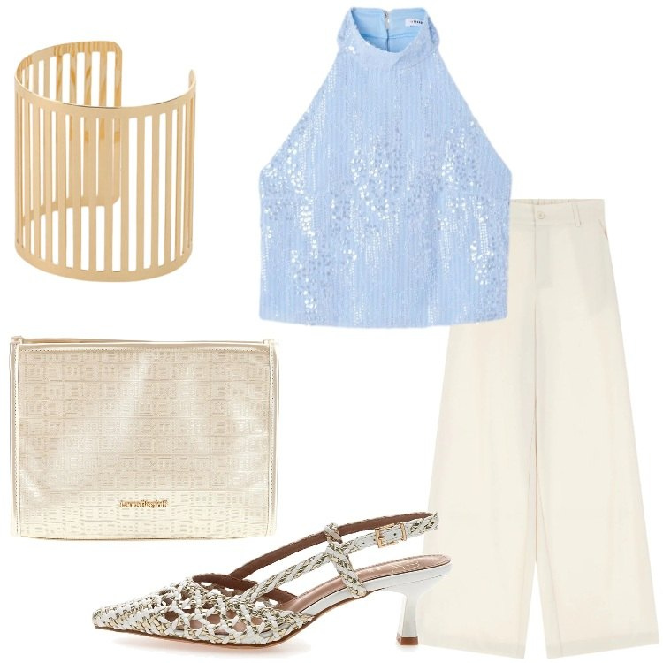 Outfit donna - Mediterranean Chic. Stile Chic per Serata fuori. Abbinamento con top, pantaloni a palazzo, braccialetti, décolleté, pochette.