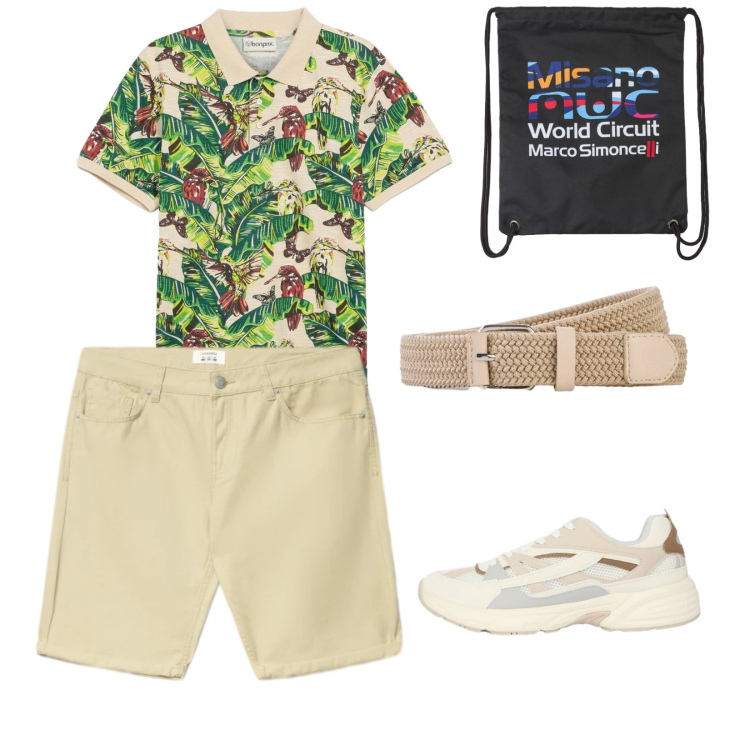 Outfit uomo - Passeggiata al parco. per Tutti i giorni. Abbinamento con cinture, polo, borse sportive, sneakers, bermuda.