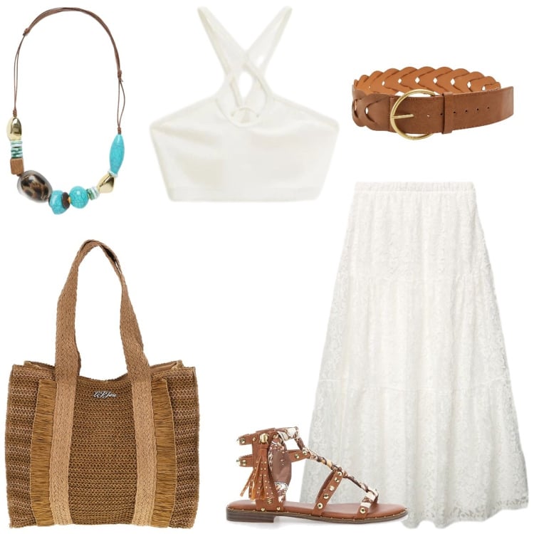 Outfit donna - Total look #2417476. Stile Boho per Tutti i giorni. Abbinamento con cinture, gonne lunghe, top, collane, sandali, borse a spalla.