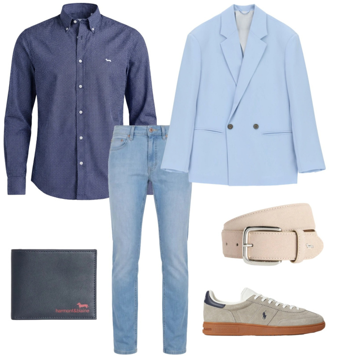 Outfit uomo - Denim chiaro. per Ufficio. Abbinamento con giacche, cinture, portafogli, camicie, jeans, sneakers.