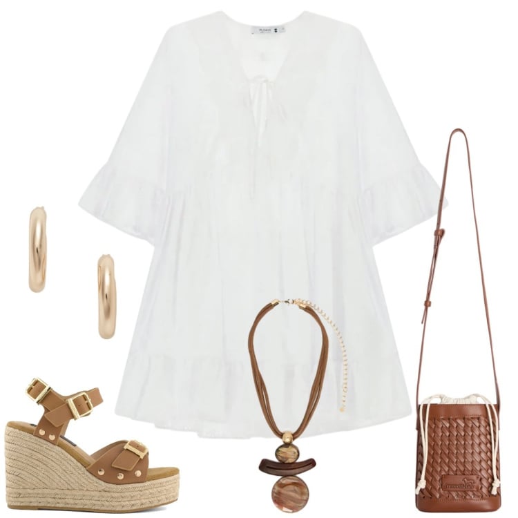Outfit donna - Total look #2417478. Stile Boho per Tutti i giorni. Abbinamento con borse a secchiello, vestiti corti, ciondoli, orecchini, zeppe.