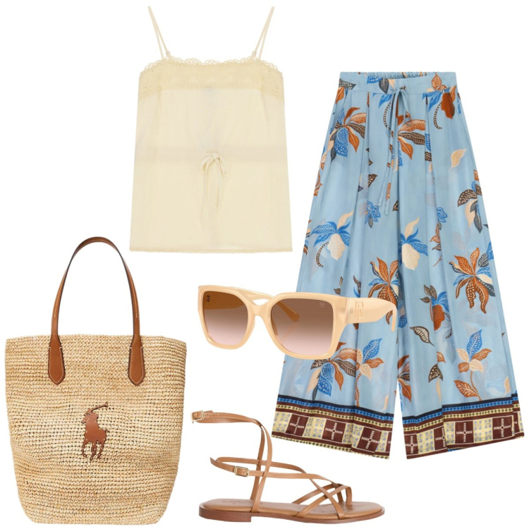 Outfit donna - Total look #2417480. Stile Casual chic per Tutti i giorni. Abbinamento con sandali in pelle, pantaloni a palazzo, top, borse tote, occhiali da sole.