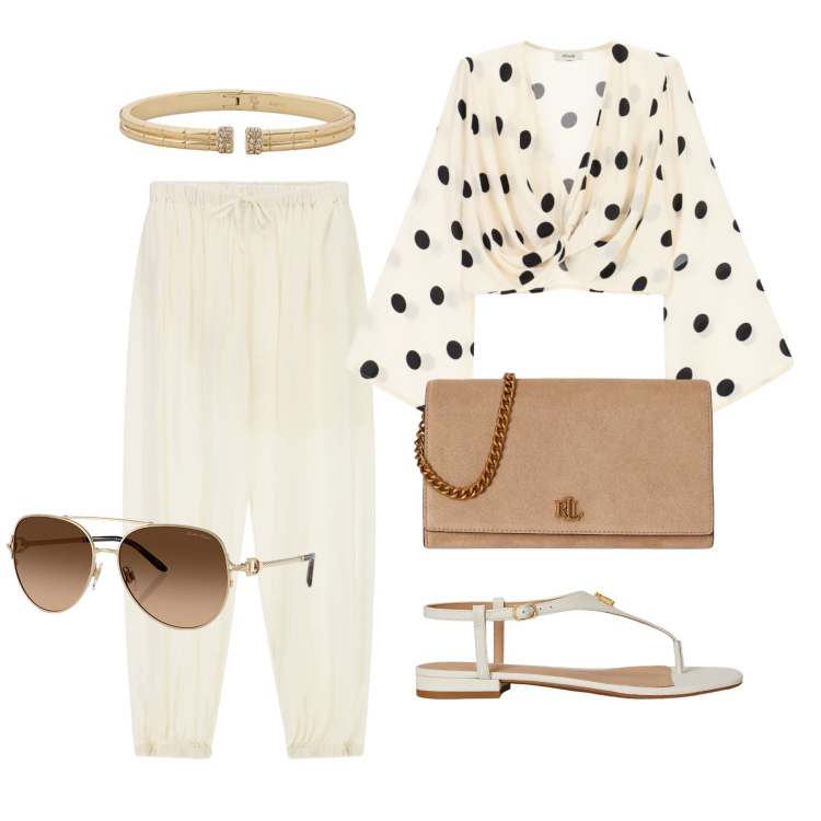 Outfit donna - Giugno. Stile Casual chic per Tutti i giorni. Abbinamento con top, pantaloni a palazzo, occhiali da sole, sandali in pelle, borse a tracolla, braccialetti.