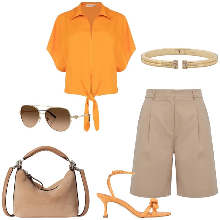 Outfit donna - Total look #2417490. Stile Casual chic per Tutti i giorni. Abbinamento con sandali in pelle, bermuda, camicie a manica corta, occhiali da sole, borse a spalla, braccialetti.