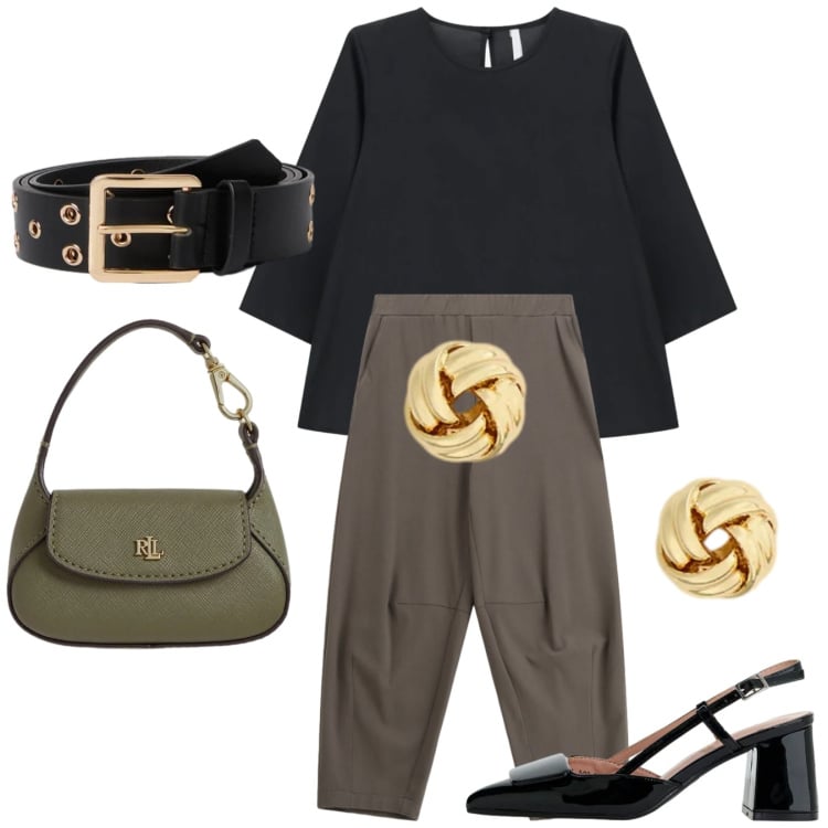 Outfit donna - Domenica sera. Stile Chic per Serata fuori. Abbinamento con top, décolleté, pantaloni a palazzo, cinture, orecchini, borse a mano.