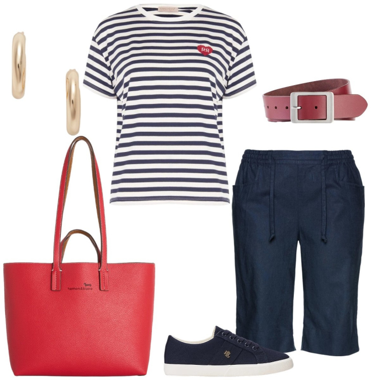 Outfit donna - Total look #2417495. Stile Casual chic per Tutti i giorni. Abbinamento con bermuda, cinture, t-shirt, shopping bag, sneakers, orecchini.