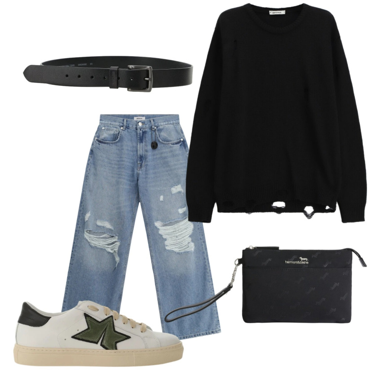 Outfit uomo - Total look #2417498. Stile Trendy per Tutti i giorni. Abbinamento con maglieria, jeans strappati, sneakers, cinture, borse sportive.