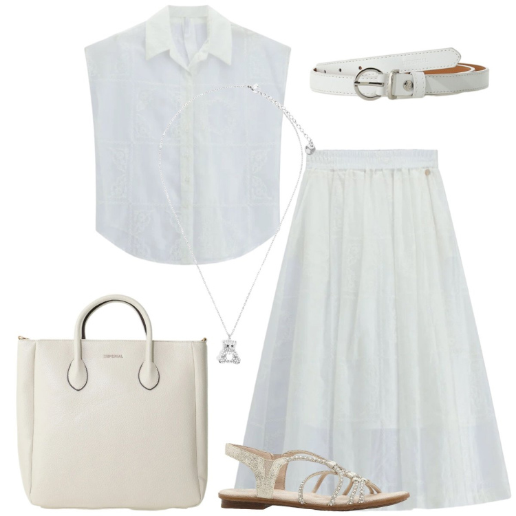 Outfit donna - Total look #2417503. Stile Minimal per Tutti i giorni. Abbinamento con sandali, gonne lunghe, borse a tracolla, cinture, camicie a manica corta, ciondoli.
