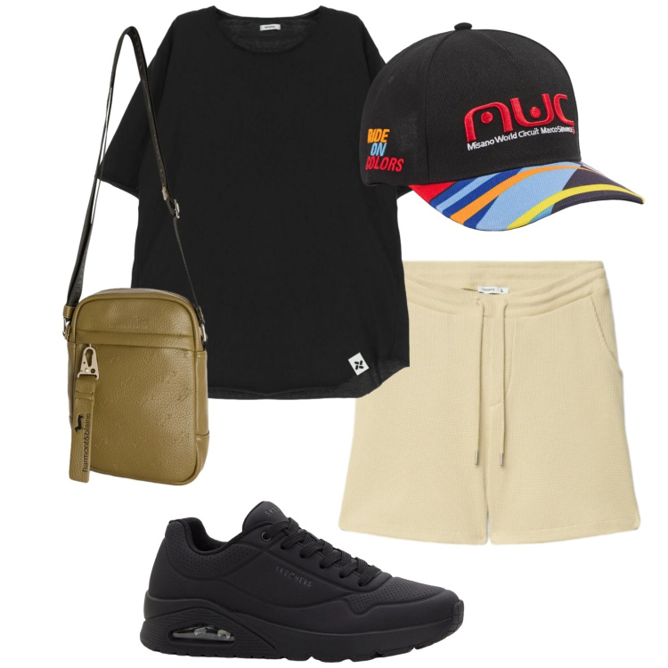 Outfit uomo - Racconti urbani. Stile Urban per Tutti i giorni. Abbinamento con sneakers, cappelli con visiera, bermuda, t-shirt, borse sportive.