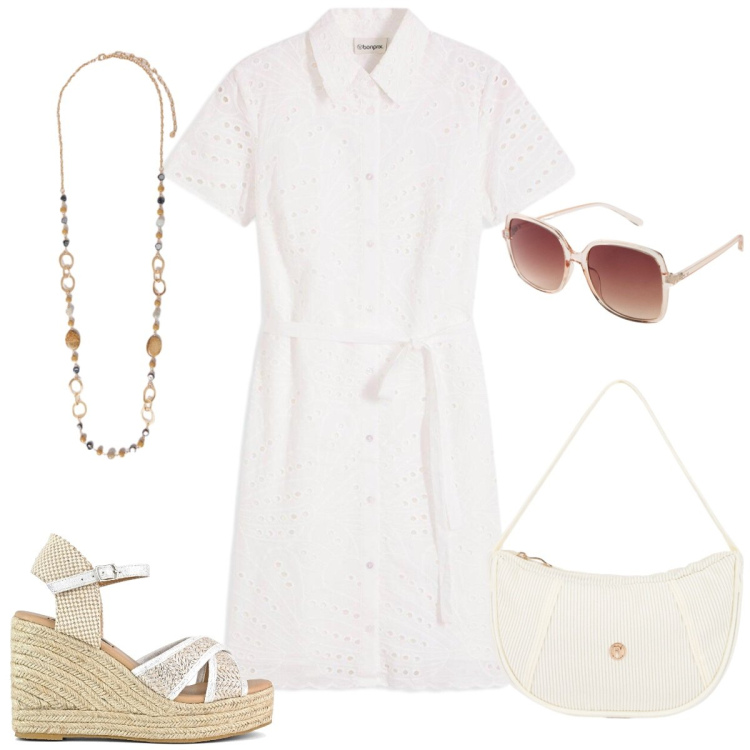 Outfit donna - Total look #2417508. Stile Basic per Tutti i giorni. Abbinamento con occhiali da sole, vestiti chemisier, borse a mano, collane, zeppe.