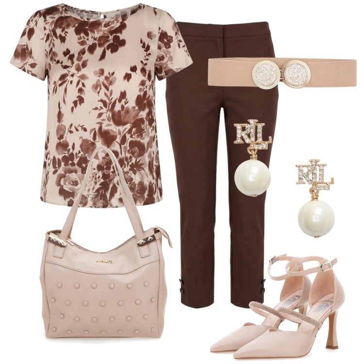 Outfit donna - Risultato chic. Stile Chic per Serata fuori. Abbinamento con cinture, pantaloni, bluse, orecchini, décolleté, shopping bag.