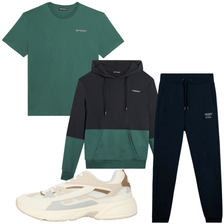 Outfit uomo - Sportivo casual. Stile Casual per Tutti i giorni. Abbinamento con sneakers, felpe con cappuccio, t-shirt, pantaloni.