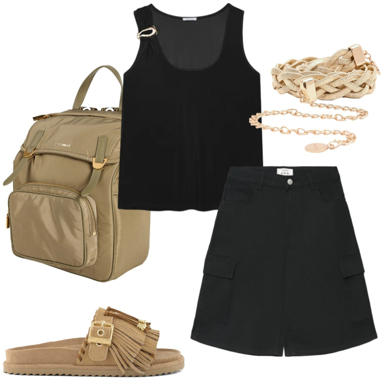 Outfit donna - Shopping al mare. Stile Sporty chic per Mare. Abbinamento con zaini, pantaloni corti, cinture, canottiere, sandali in pelle.