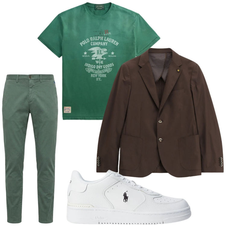 Outfit uomo - Estate casual. Stile Casual per Ufficio. Abbinamento con giacche, pantaloni chino, sneakers, t-shirt.