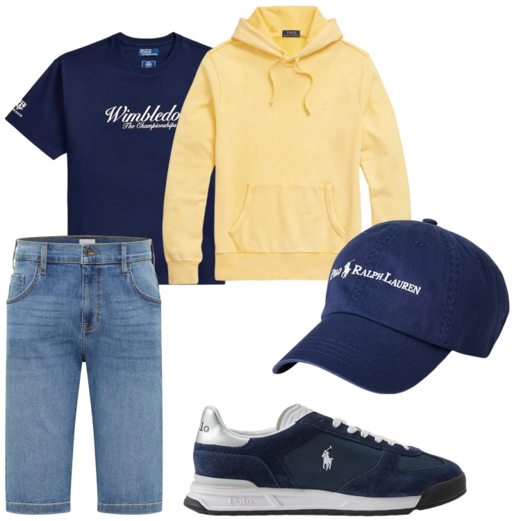 Outfit uomo - Giornata fresca. Stile Trendy per Tutti i giorni. Abbinamento con bermuda, felpe con cappuccio, cappelli, sneakers, t-shirt.