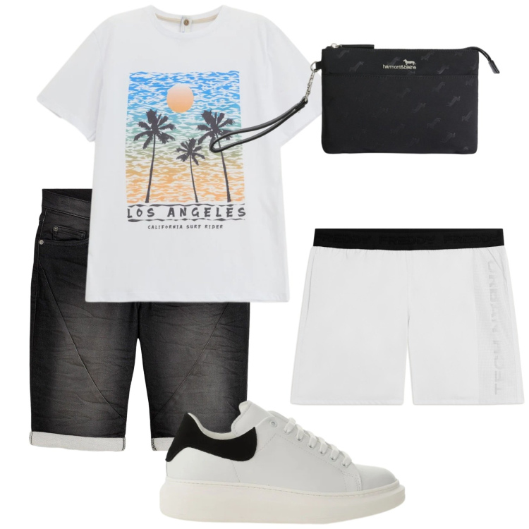 Outfit uomo - Total look #2417518. Stile Casual per Mare. Abbinamento con bermuda, t-shirt, sneakers, borse sportive, costumi.