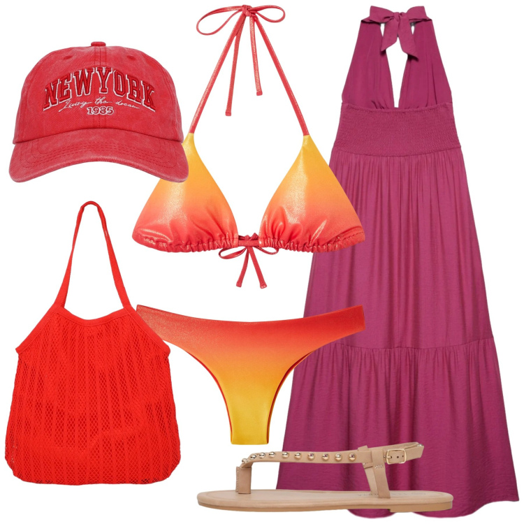 Outfit donna - Colori del tramonto. Stile Glamour per Tutti i giorni. Abbinamento con ciabatte, cappelli, bikini, bikini, shopping bag, vestiti lunghi.
