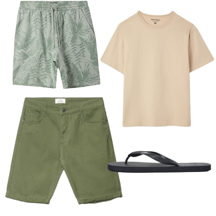 Outfit uomo - Mare. Stile Casual per Tutti i giorni. Abbinamento con costumi, t-shirt, bermuda, sandali.