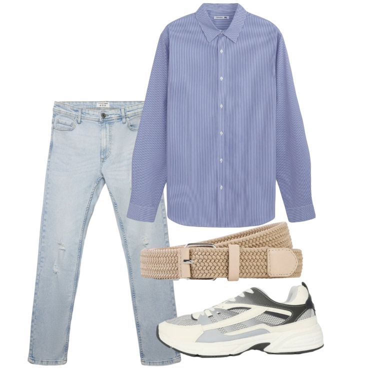 Outfit uomo - Estate in denim chiaro. Stile Casual per Tutti i giorni. Abbinamento con cinture, camicie, sneakers, jeans strappati.