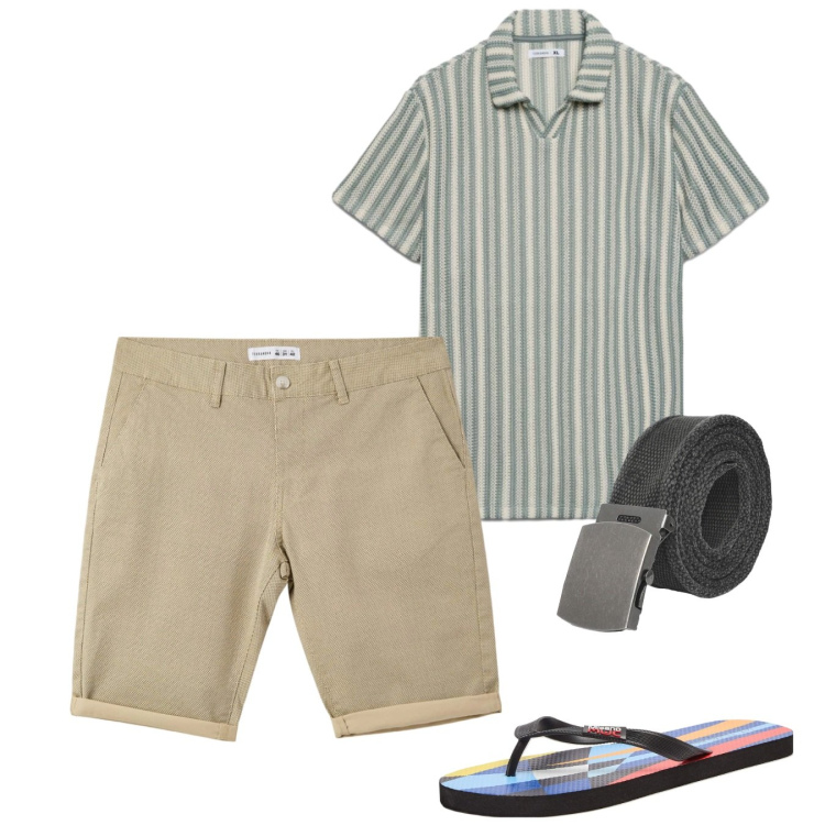 Outfit uomo - Giugno. Stile Casual per Tutti i giorni. Abbinamento con sandali, pantaloni corti, cinture, polo.