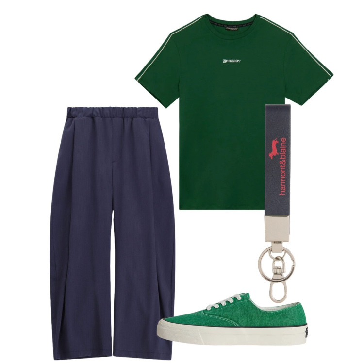 Outfit uomo - Giugno. Stile Casual per Tutti i giorni. Abbinamento con pantaloni, portachiavi, t-shirt sportive, sneakers.