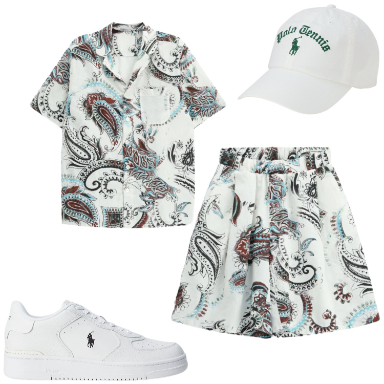 Outfit uomo - Al mare. Stile Trendy per Mare. Abbinamento con camicie a manica corta, bermuda, sneakers, cappelli con visiera.