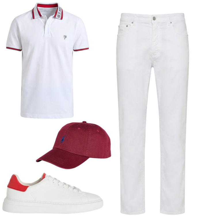Outfit uomo - Withe. Stile Casual per Tutti i giorni. Abbinamento con pantaloni, sneakers, polo, cappelli con visiera.