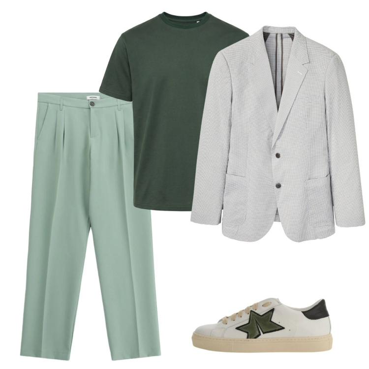 Outfit uomo - Giugno green. Stile Casual per Tutti i giorni. Abbinamento con giacche, sneakers, pantaloni, t-shirt.