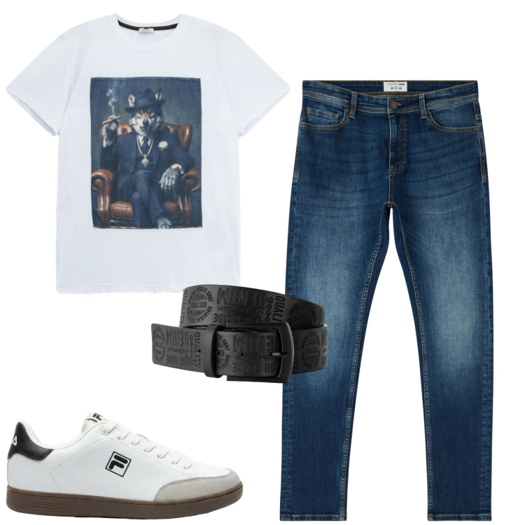 Outfit uomo - Un jeans e una maglietta. Stile Casual per Tutti i giorni. Abbinamento con cinture, sneakers, jeans skinny, t-shirt.
