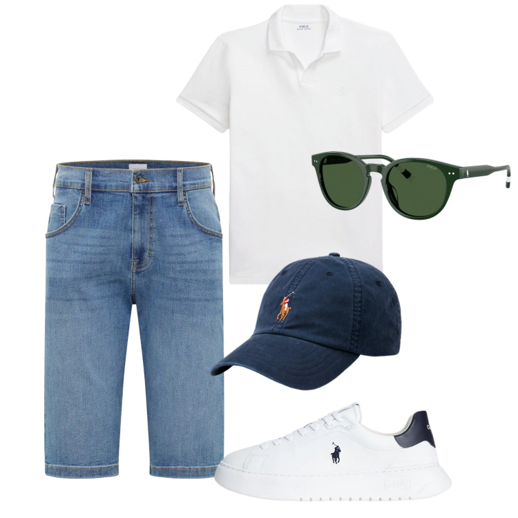 Outfit uomo - Sneakers bianche d’estate. Stile Casual per Mare. Abbinamento con bermuda, cappelli, polo, sneakers, occhiali da sole.