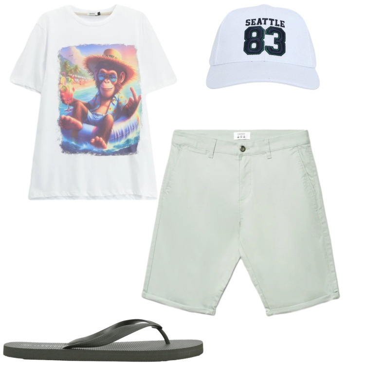 Outfit uomo - Weekend al lago. Stile Casual per Tutti i giorni. Abbinamento con cappelli, shorts, sandali, t-shirt.