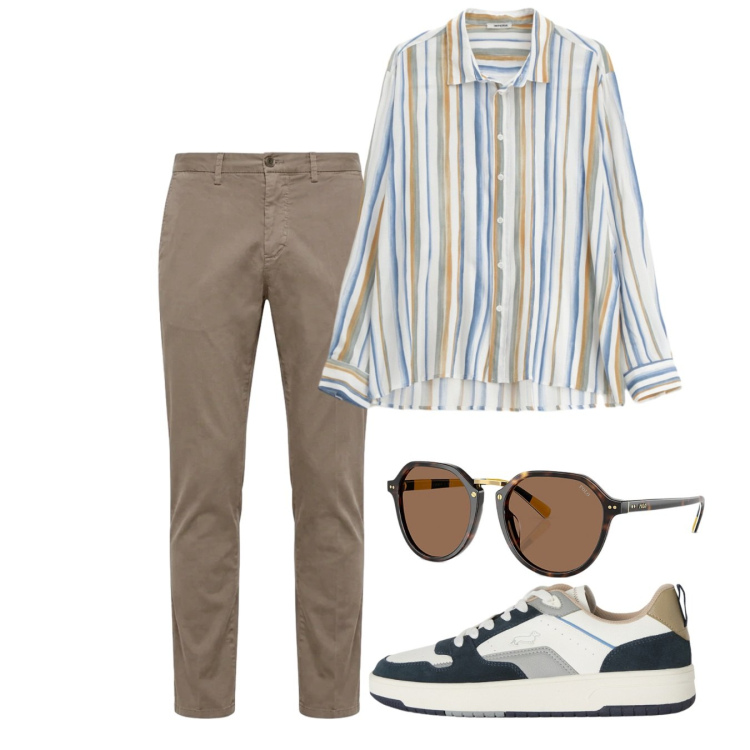 Outfit uomo - Giugno millerighe. Stile Casual per Tutti i giorni. Abbinamento con camicie, sneakers, pantaloni chino, occhiali da sole.