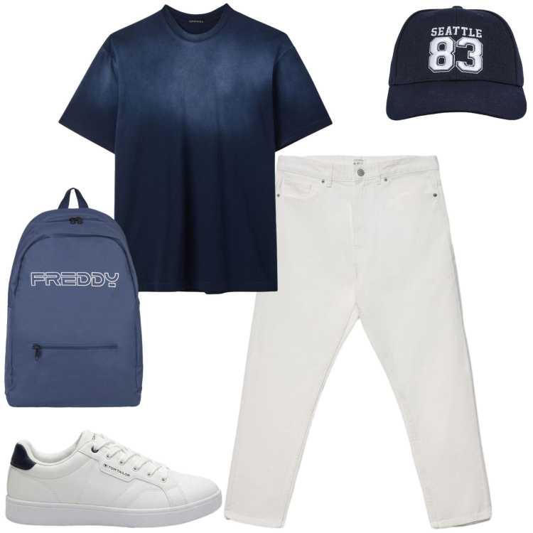 Outfit uomo - Bianco e blu. Stile Casual per Tutti i giorni. Abbinamento con sneakers, cappelli, jeans, t-shirt, borse sportive.