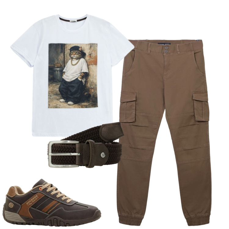 Outfit uomo - Giugno. Stile Casual per Tutti i giorni. Abbinamento con sneakers, pantaloni cargo, cinture, t-shirt.