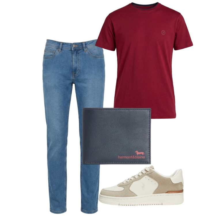 Outfit uomo - Giugno. Stile Casual per Tutti i giorni. Abbinamento con portafogli, jeans, t-shirt, sneakers.