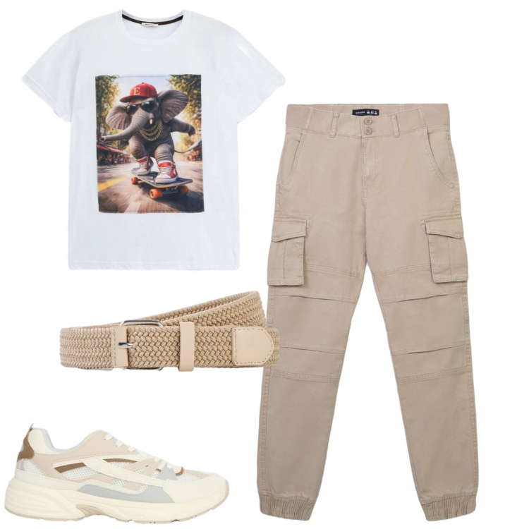 Outfit uomo - Giugno. Stile Casual per Tutti i giorni. Abbinamento con cinture, pantaloni cargo, sneakers, t-shirt.