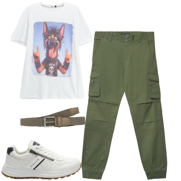 Outfit uomo - Giugno. Stile Casual per Tutti i giorni. Abbinamento con sneakers, cinture, pantaloni cargo, t-shirt.