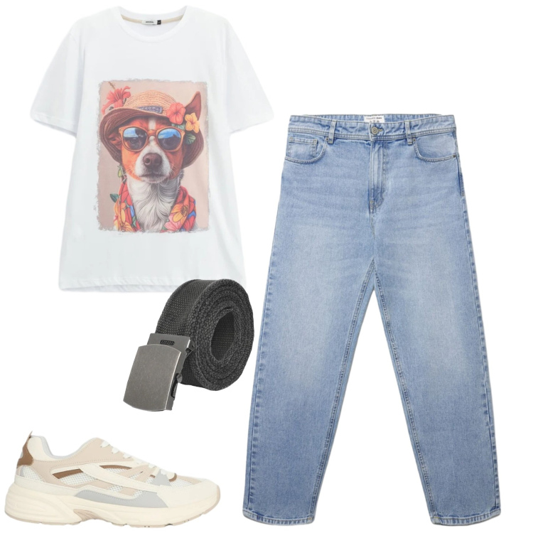 Outfit uomo - Giugno. Stile Casual per Tutti i giorni. Abbinamento con cinture, sneakers, jeans, t-shirt.