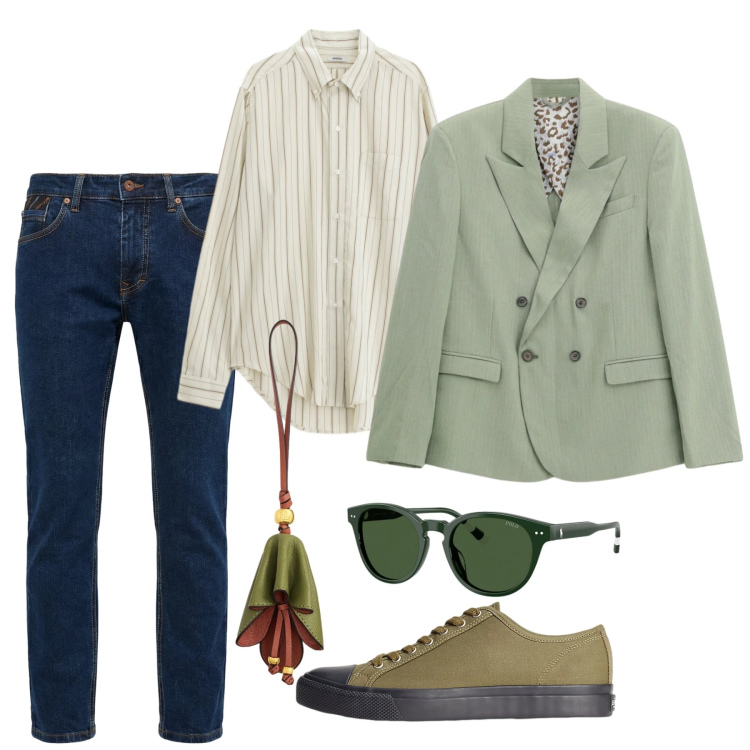 Outfit uomo - Contrasto verde chiaro e denim. Stile Casual per Tutti i giorni. Abbinamento con camicie, giacche, pantaloni, sneakers, occhiali da sole, ciondoli.