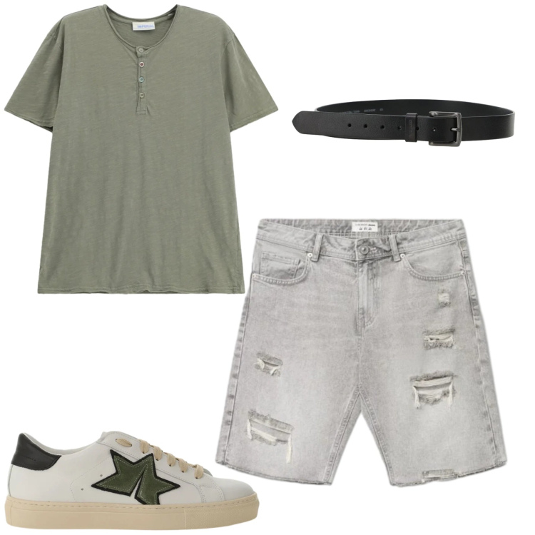Outfit uomo - Giugno. Stile Casual per Tutti i giorni. Abbinamento con shorts, sneakers, cinture, t-shirt.