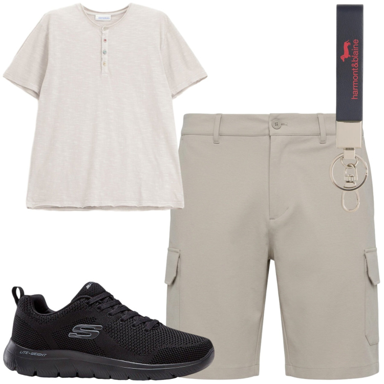 Outfit uomo - Casual time. Stile Casual per Tutti i giorni. Abbinamento con sneakers, pantaloni corti, t-shirt, portachiavi.