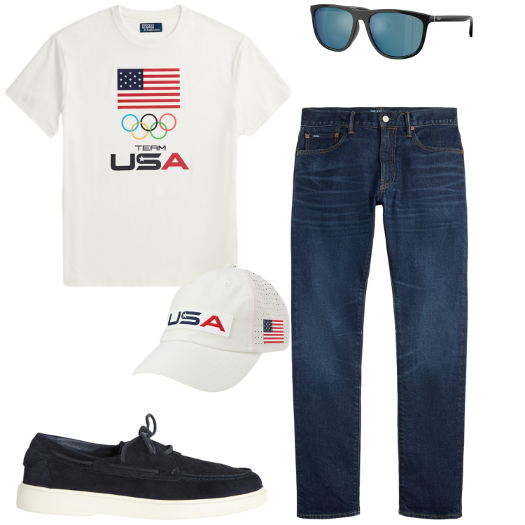 Outfit uomo - Giugno. Stile Casual per Tutti i giorni. Abbinamento con scarpe stringate, jeans, occhiali da sole, t-shirt, cappelli con visiera.