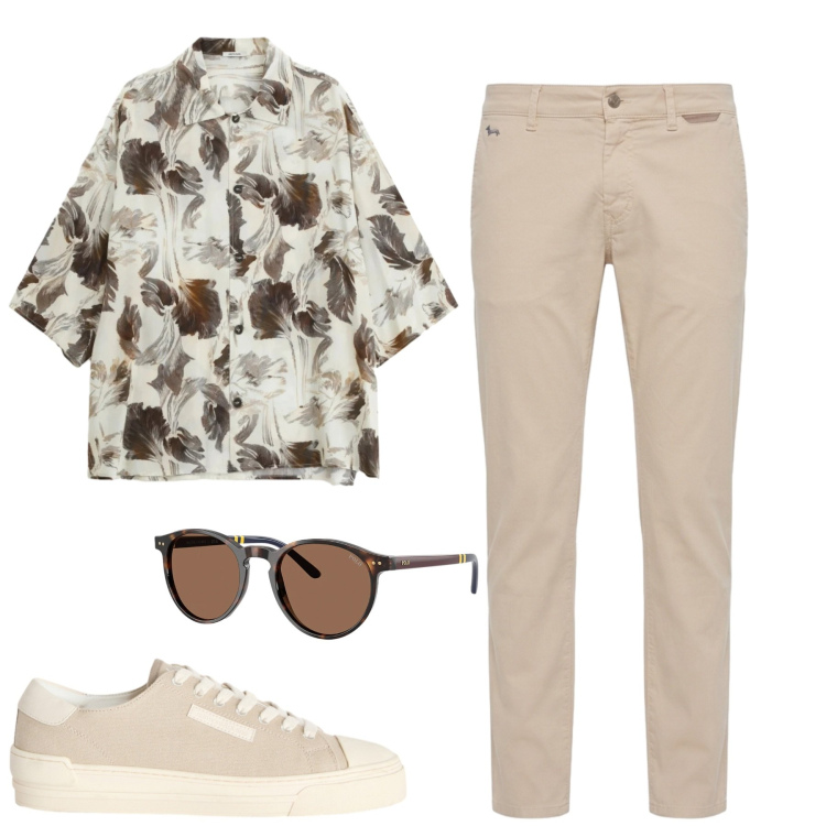 Outfit uomo - City. Stile Trendy per Tutti i giorni. Abbinamento con camicie a manica corta, sneakers, pantaloni, occhiali da sole.