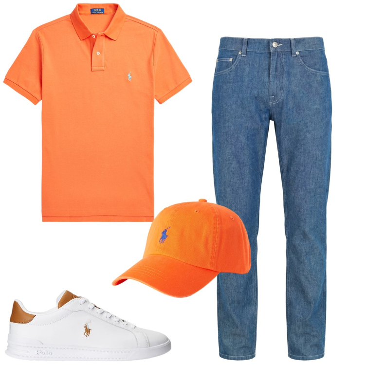 Outfit uomo - City. Stile Casual per Tutti i giorni. Abbinamento con jeans, sneakers, polo, cappelli con visiera.