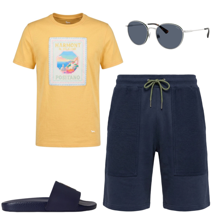 Outfit uomo - Al mare. Stile Casual per Mare. Abbinamento con pantaloni corti, t-shirt, sandali, occhiali da sole.