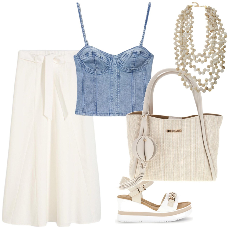 Outfit donna - Freschezza in città. Stile Casual per Tutti i giorni. Abbinamento con gonne lunghe, top, collane, zeppe, borse a tracolla.
