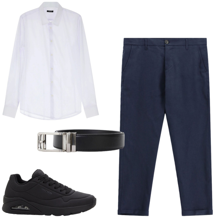 Outfit uomo - In ufficio. Stile Business/Elegante per Ufficio. Abbinamento con sneakers, camicie, cinture, pantaloni.