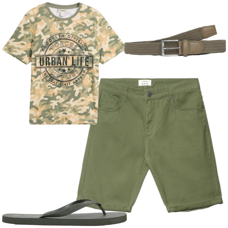 Outfit uomo - Weekend. Stile Casual per Tutti i giorni. Abbinamento con t-shirt, cinture, bermuda, sandali.