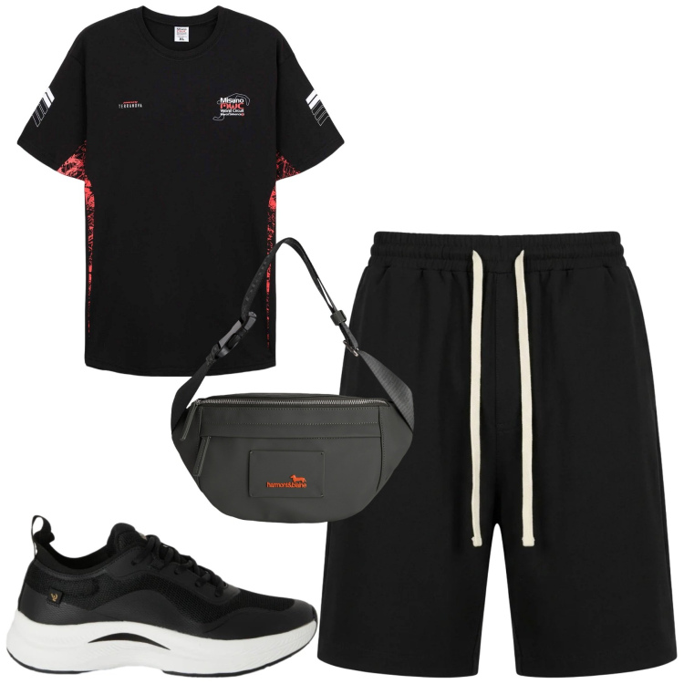 Outfit uomo - Total look #2417583. Stile Casual per Tutti i giorni. Abbinamento con t-shirt sportive, pantaloni corti, borse sportive, sneakers.